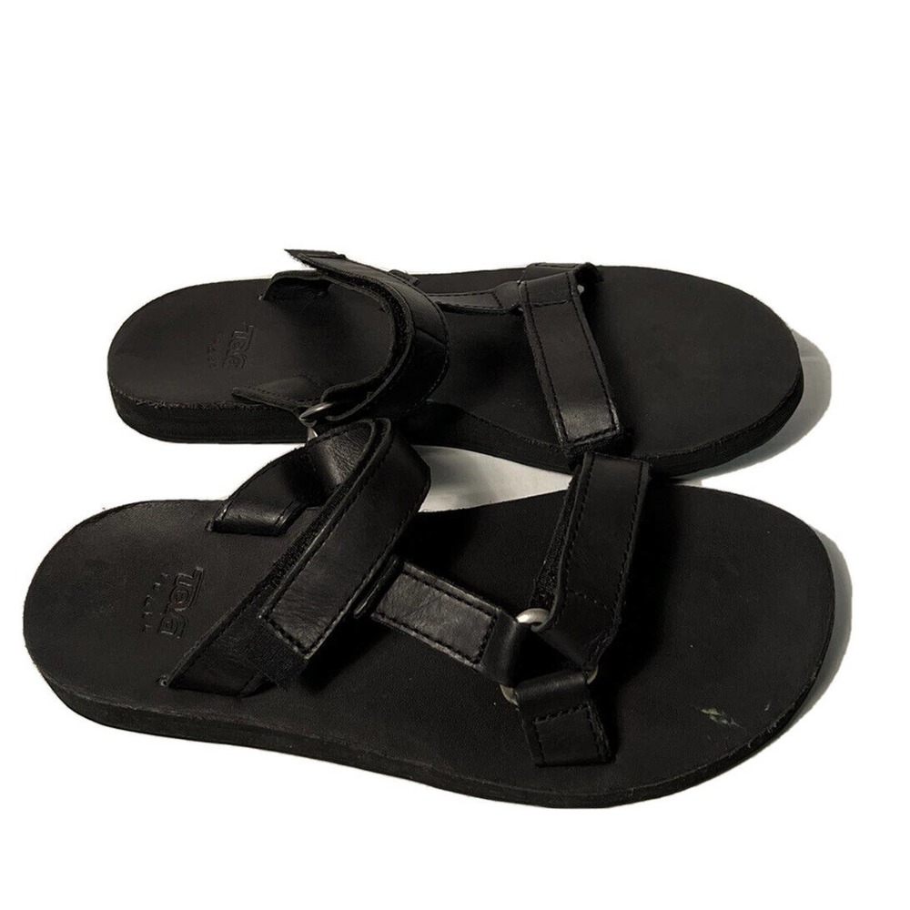 Teva Woman's 9 Universal Slide Sandals Black Leather Adjustable Strap Slip On